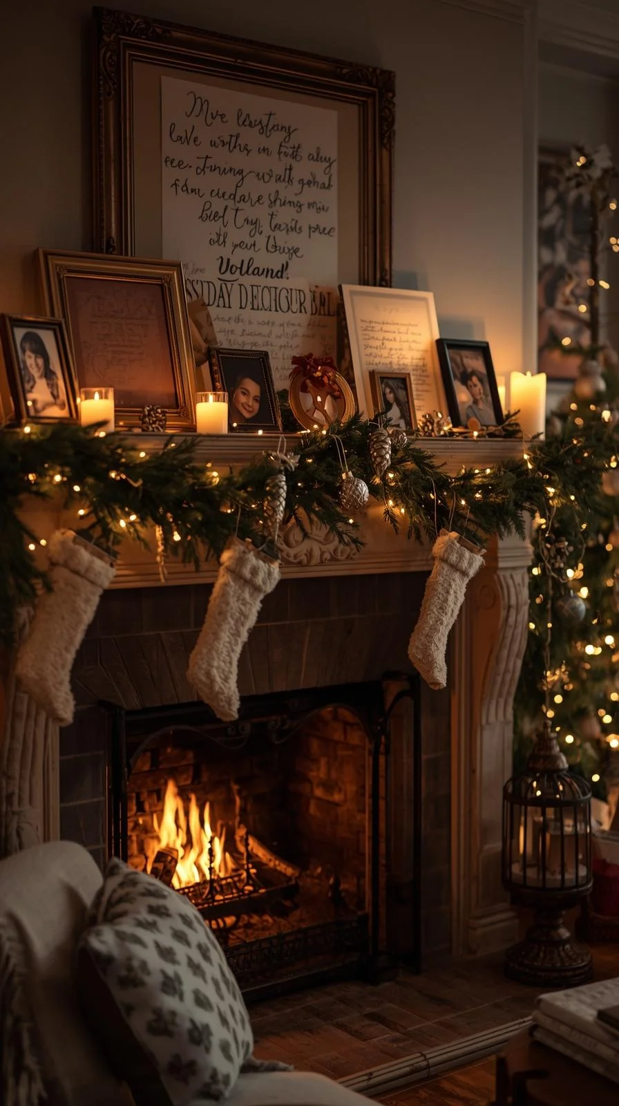 Christmas mantel decorated with family photos, handmade ornaments, and greenery for meaningful Christmas mantel ideas.