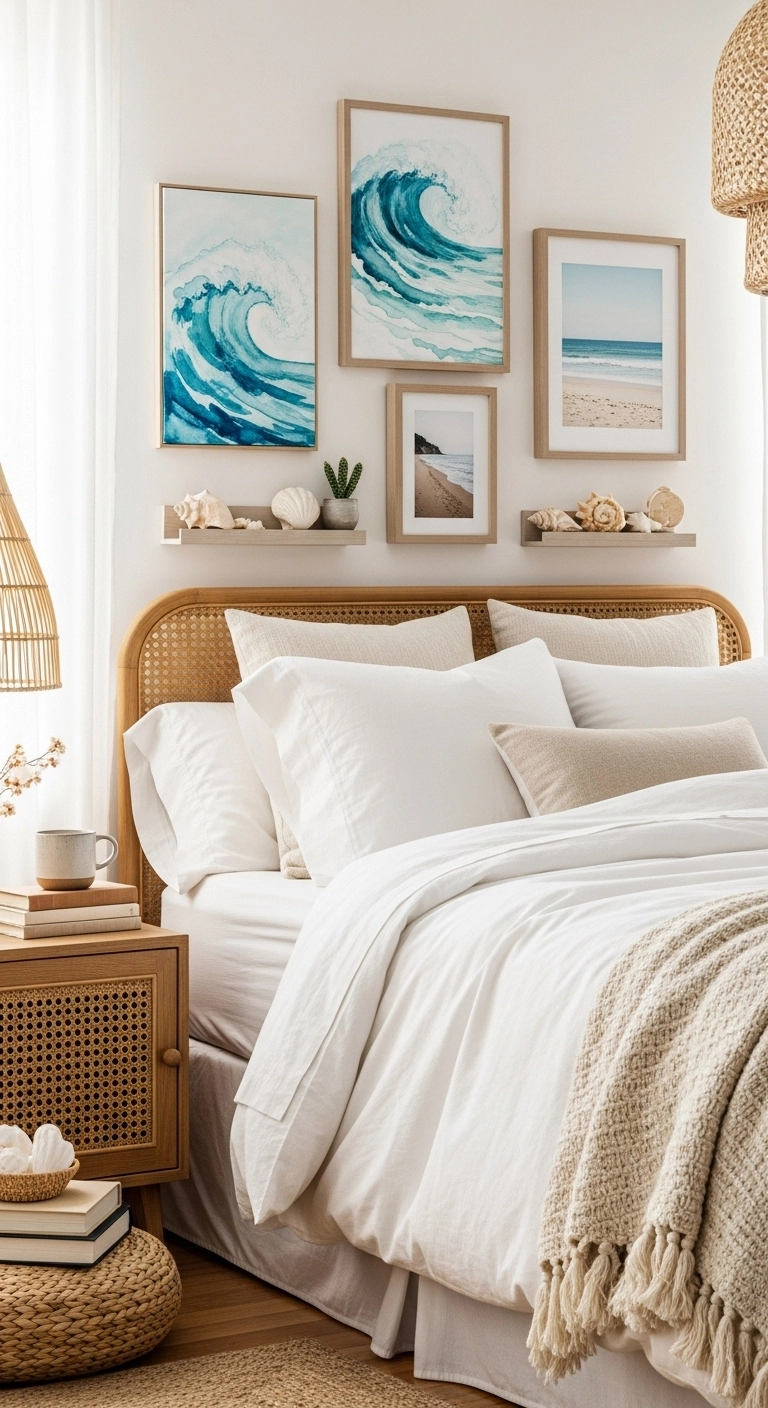 Boho coastal bedroom with personalized coastal art, seashells, and decor creating a lived-in, meaningful space.