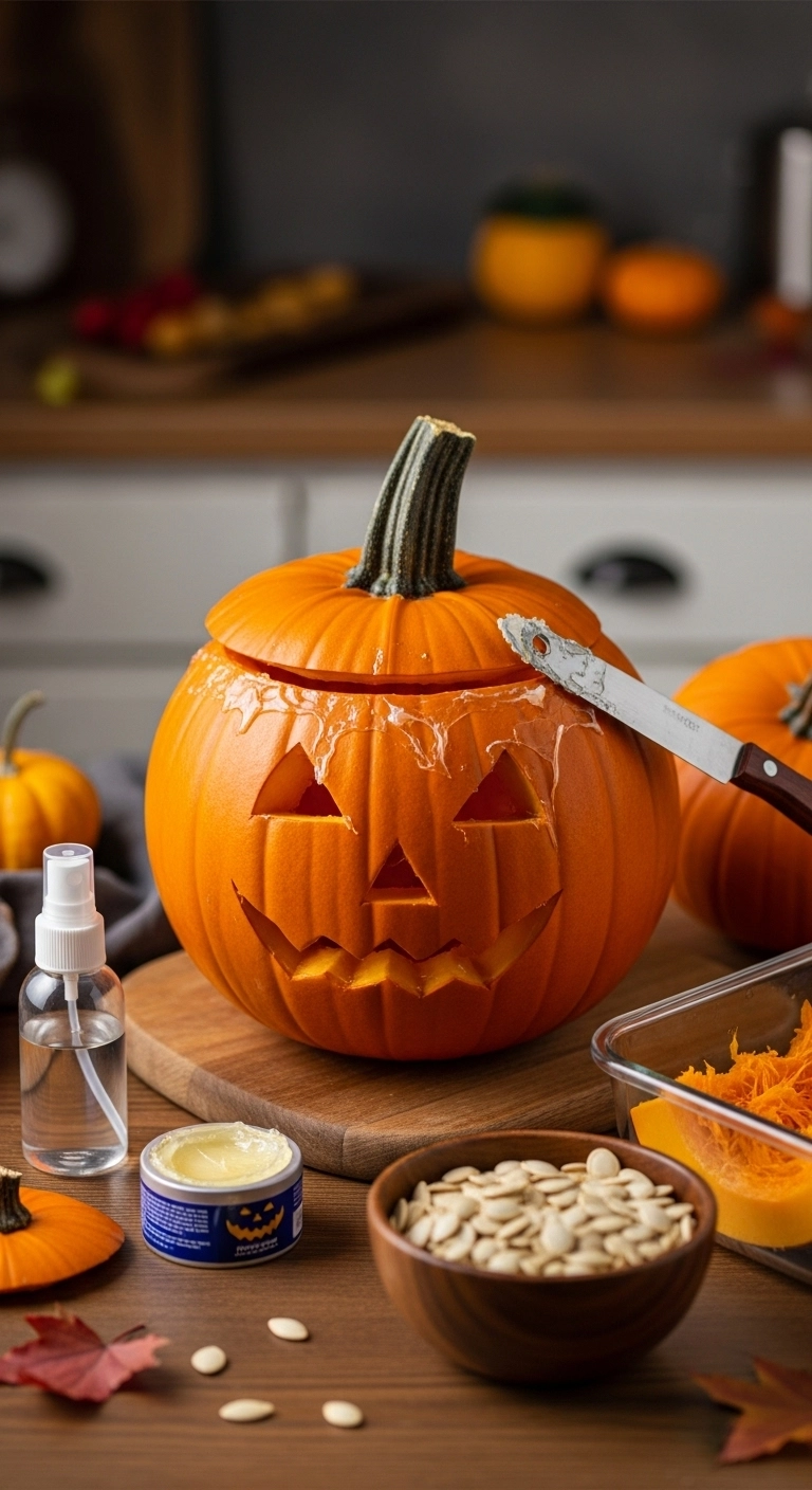 Carved pumpkin being preserved and repurposed with treated edges, seeds, and flesh for creative jack o lantern ideas.