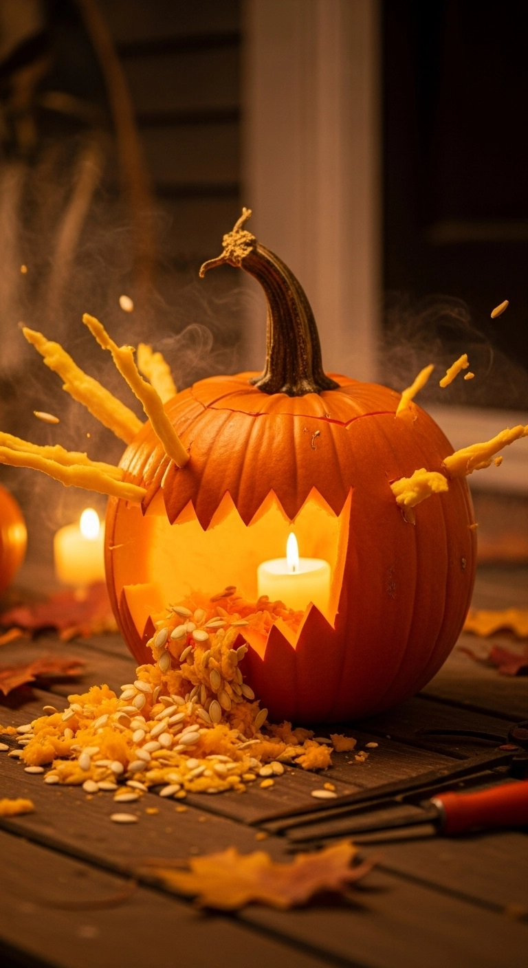 Burst-open pumpkin with seeds spilling out in a creative pumpkin explosion showing crazy pumpkin carving design ideas.