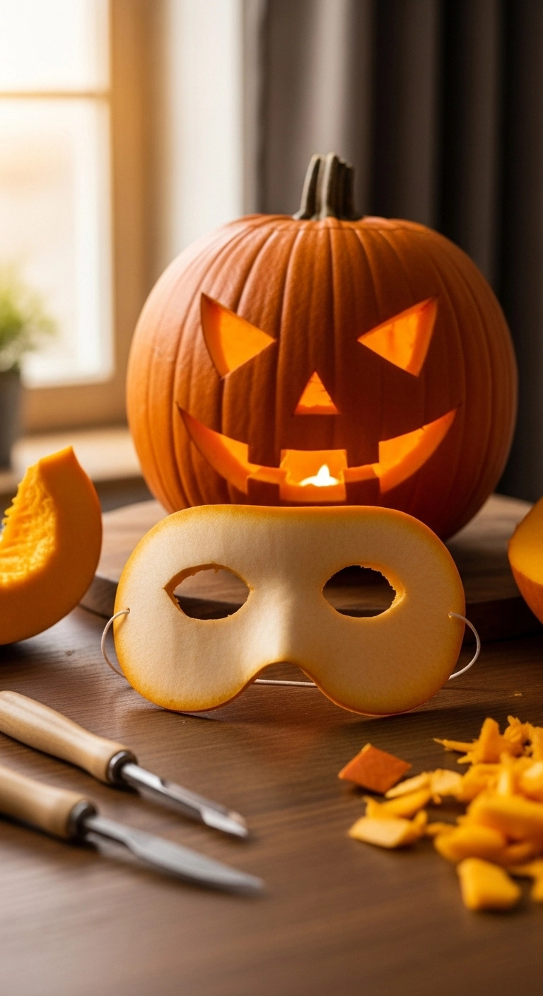 Realistic carved pumpkin mask with eye holes and strings displayed beside a glowing pumpkin showing crazy pumpkin carving design ideas.