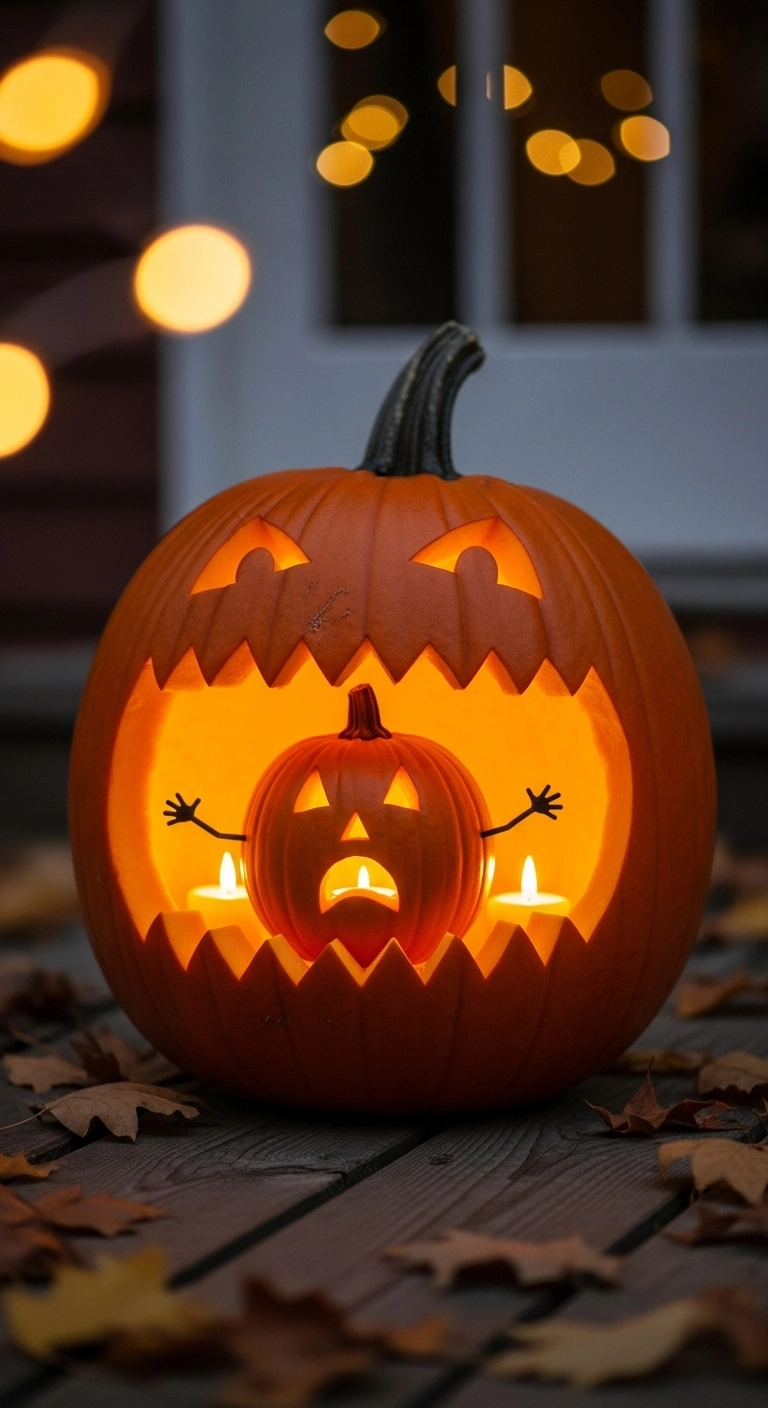 Large pumpkin eating a smaller glowing pumpkin as part of crazy pumpkin carving design ideas on a porch