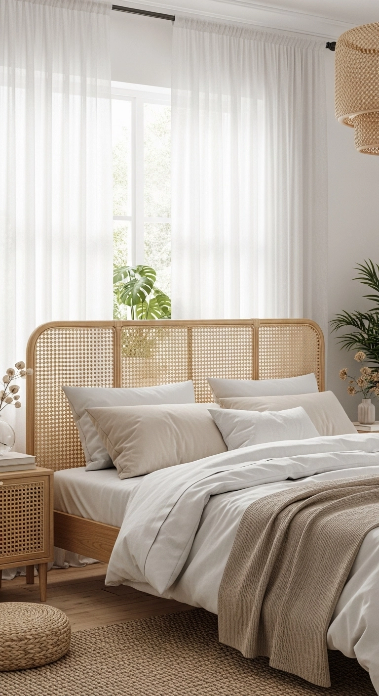 A cozy bedroom featuring rattan and cane headboard ideas with natural woven texture and light neutral decor.