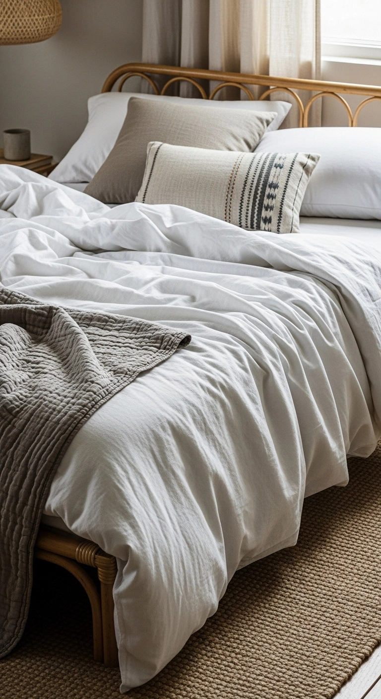 Relaxed boho style bedroom with linen bedding, soft quilt, and cozy, slightly rumpled sheets for a lived-in look.