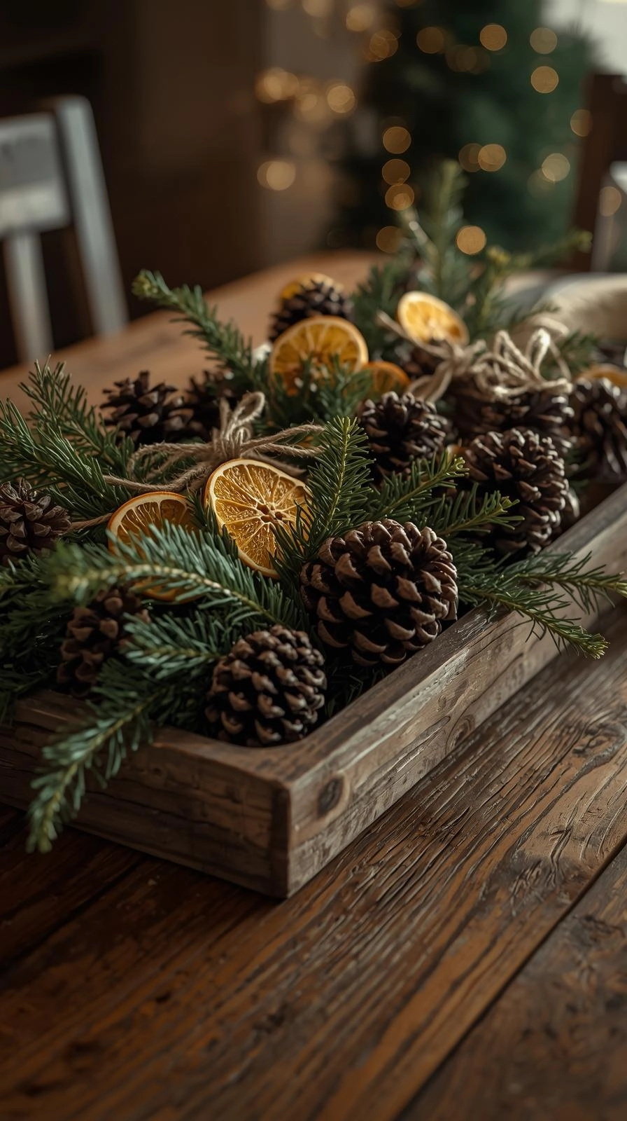 Rustic Christmas table centerpiece with pinecones, twine, evergreens, and dried orange in a wooden tray