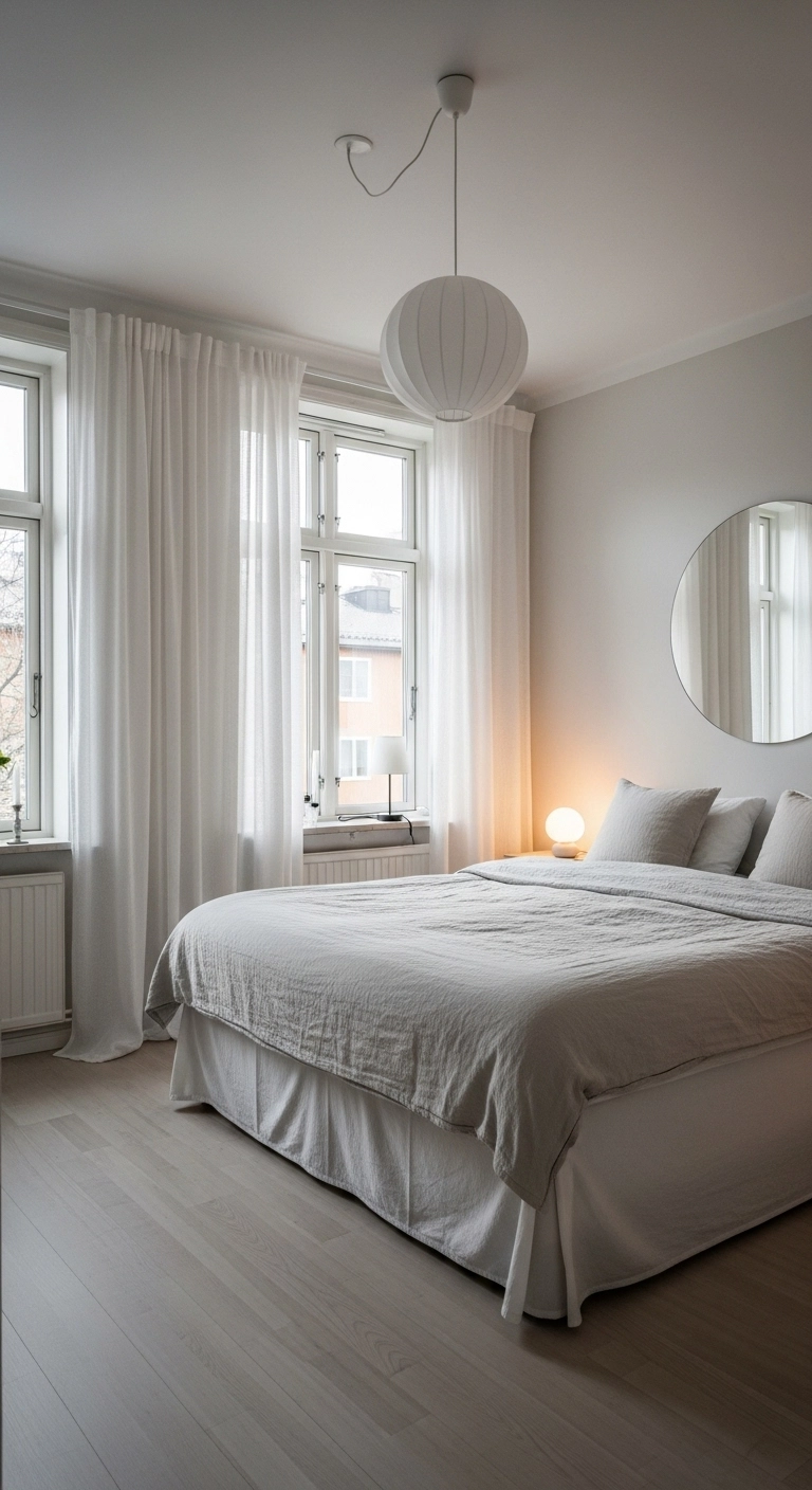 Scandinavian bedroom ideas highlighting natural light with sheer curtains, white walls, and mirrors reflecting soft daylight.