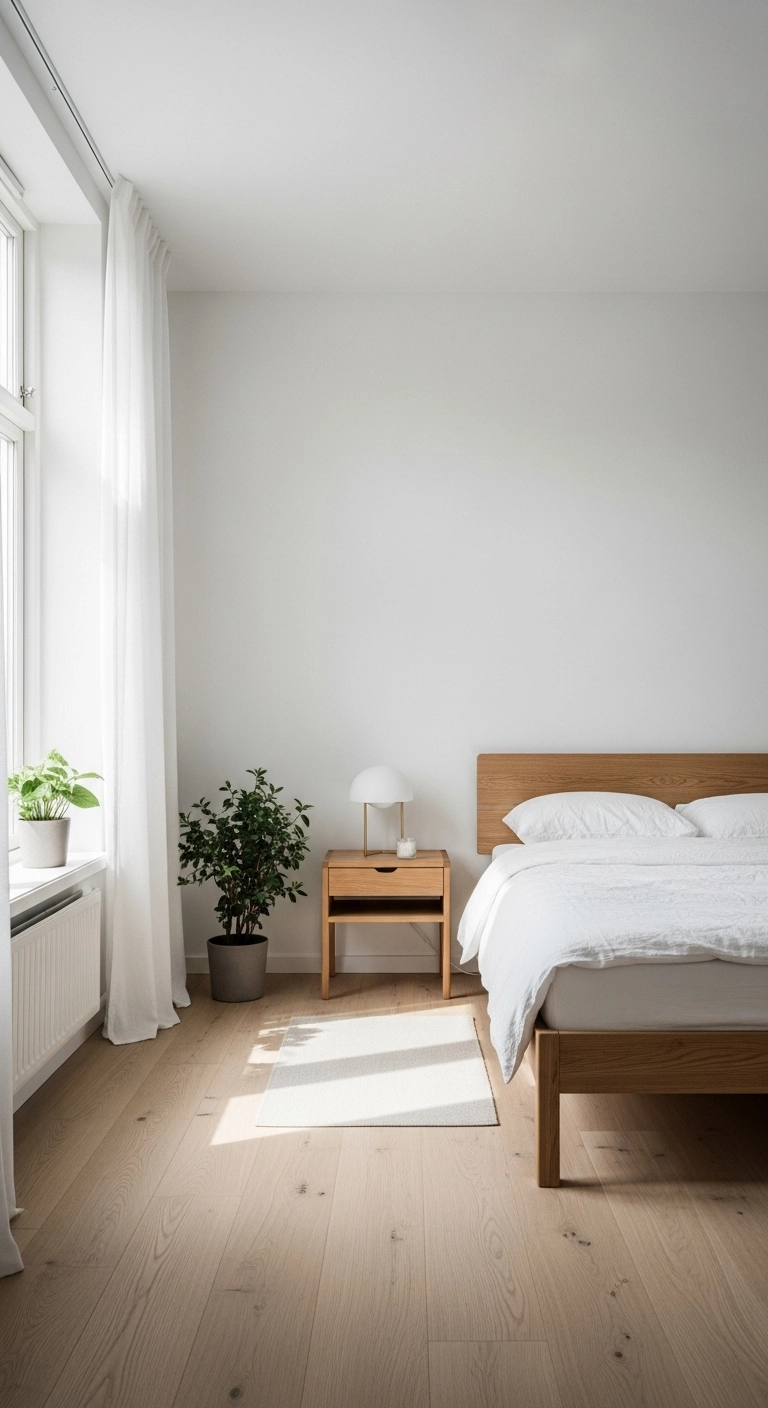 Minimal Scandinavian bedroom with white walls, natural light, and open space for calm design inspiration.