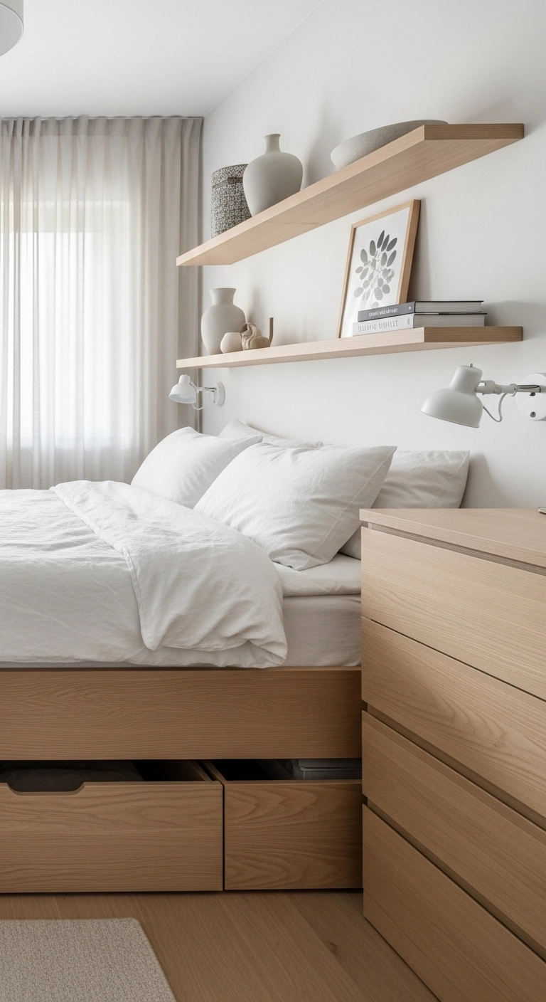 Scandinavian bedroom ideas focused on clutter-free design with hidden storage, open shelves, and minimalist decor.