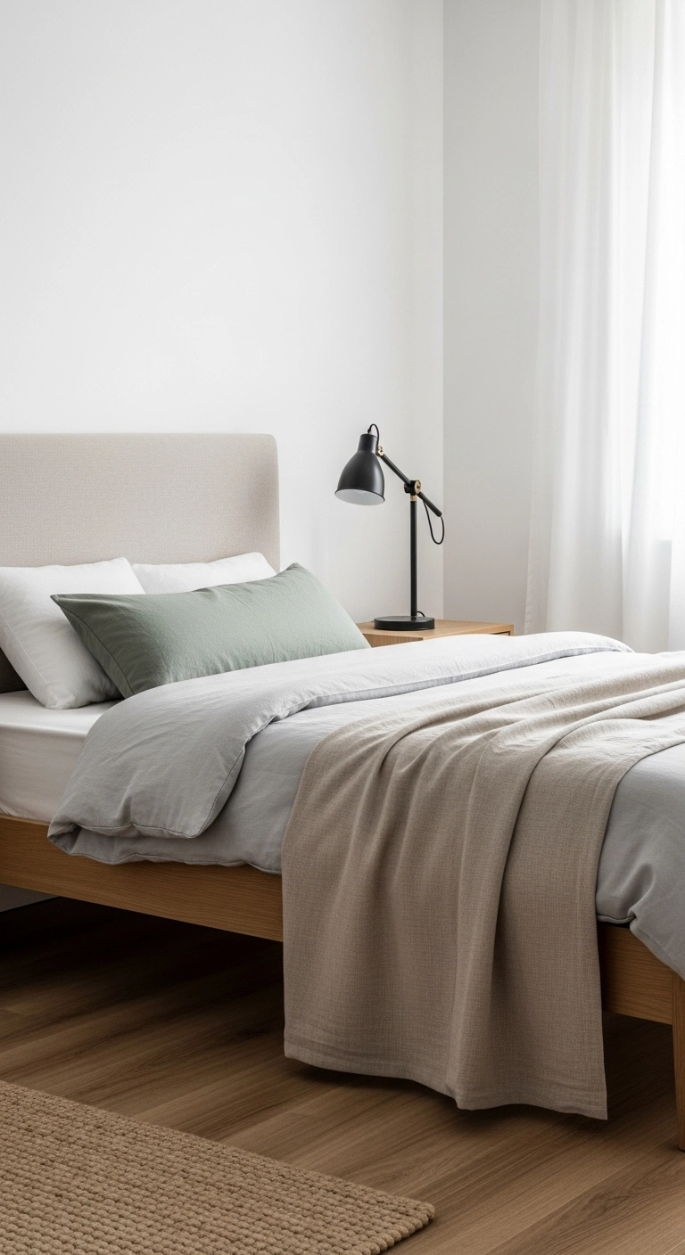 Scandinavian bedroom ideas using calm natural colors like white, beige, gray, and sage for a soft, balanced interior.