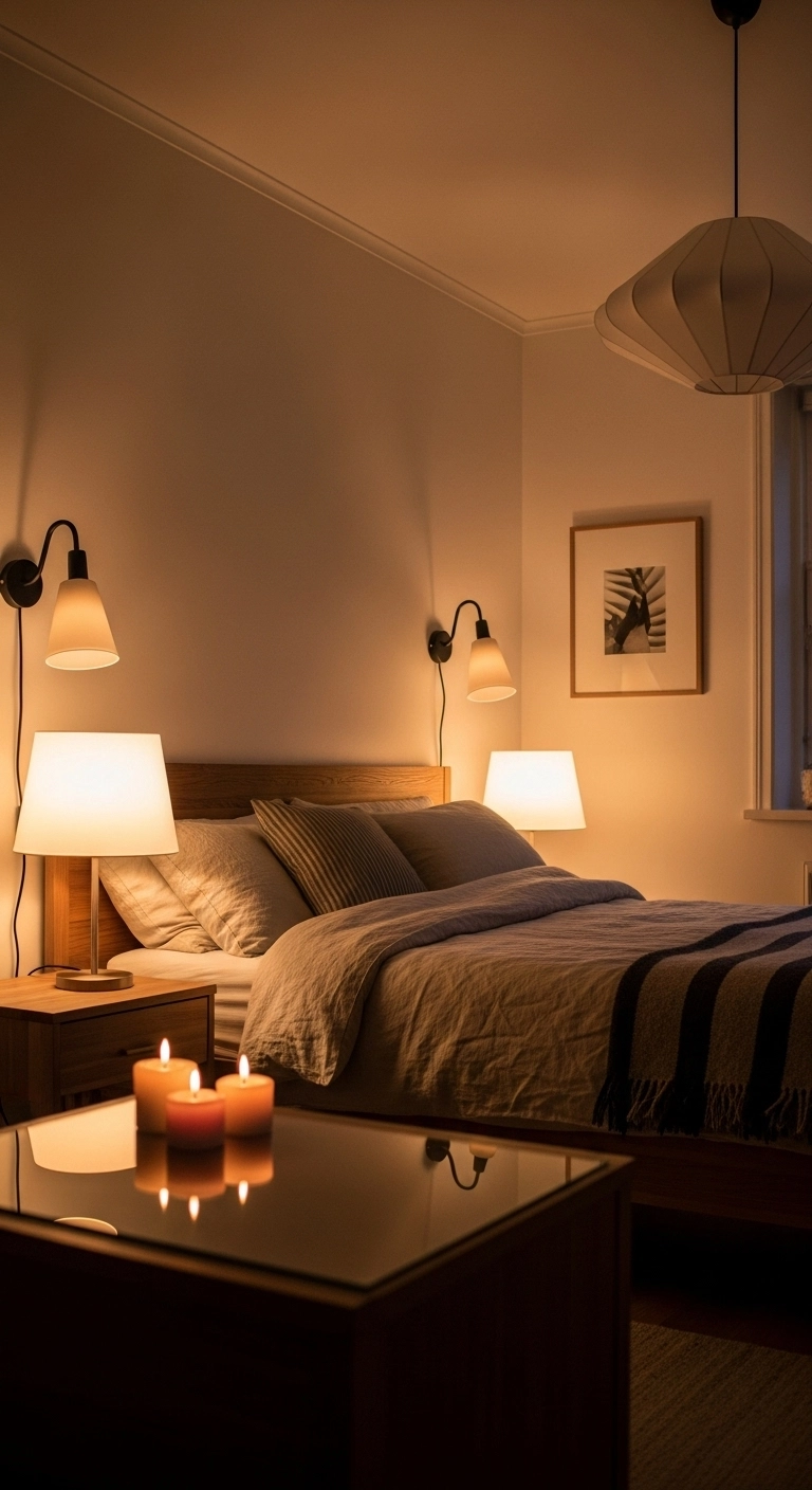 Scandinavian bedroom ideas using soft layered lighting with bedside lamps, candles, and warm tones for a cozy feel.