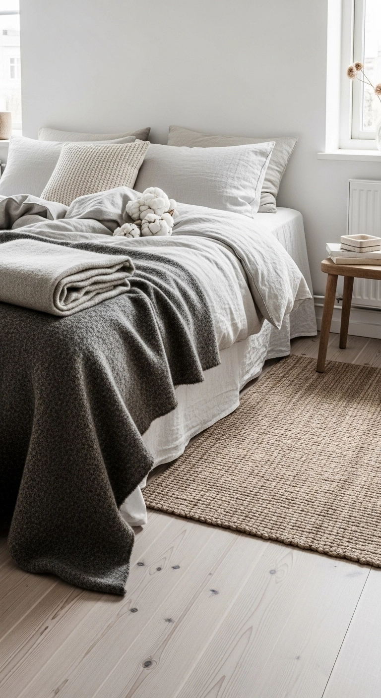 Scandinavian bedroom ideas featuring layered textures with linen bedding, wool throws, and a jute rug for soft warmth.