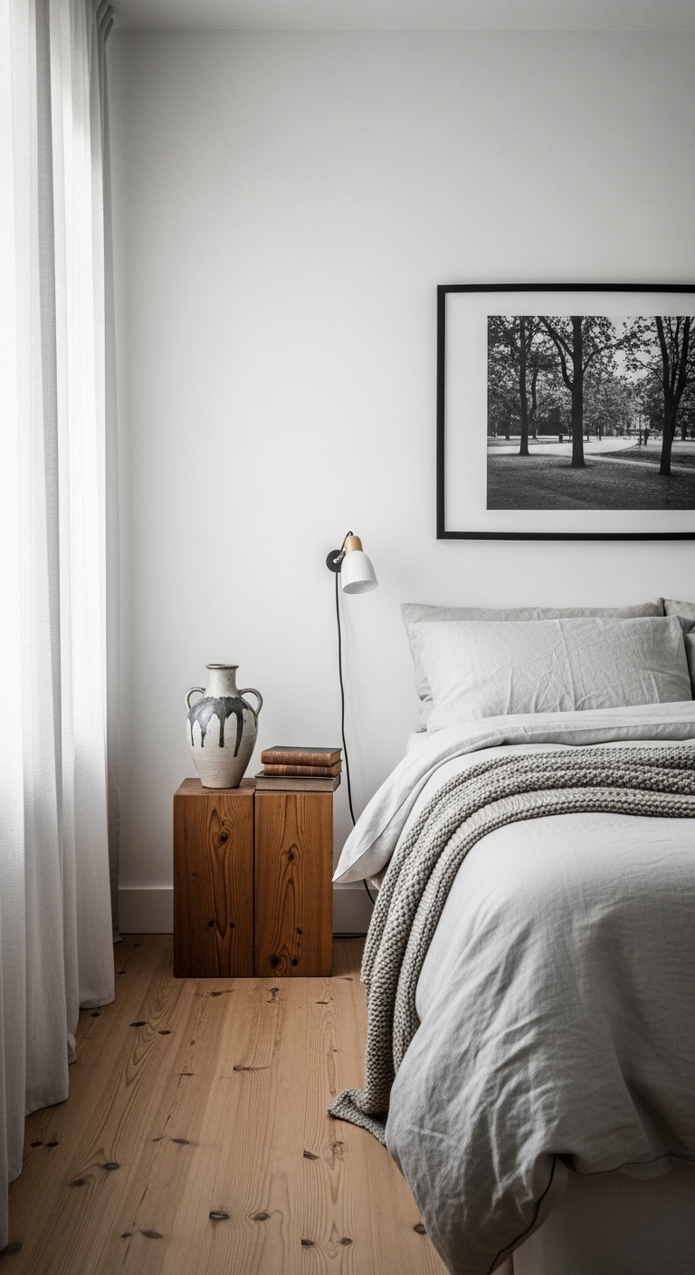Scandinavian bedroom ideas with personal touches like framed photos, ceramics, and cozy textiles in a minimalist design.