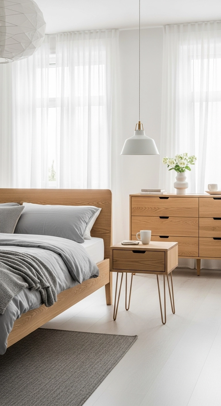 Scandinavian bedroom ideas with simple wooden furniture, clean lines, and light oak finishes for a minimalist, functional space.