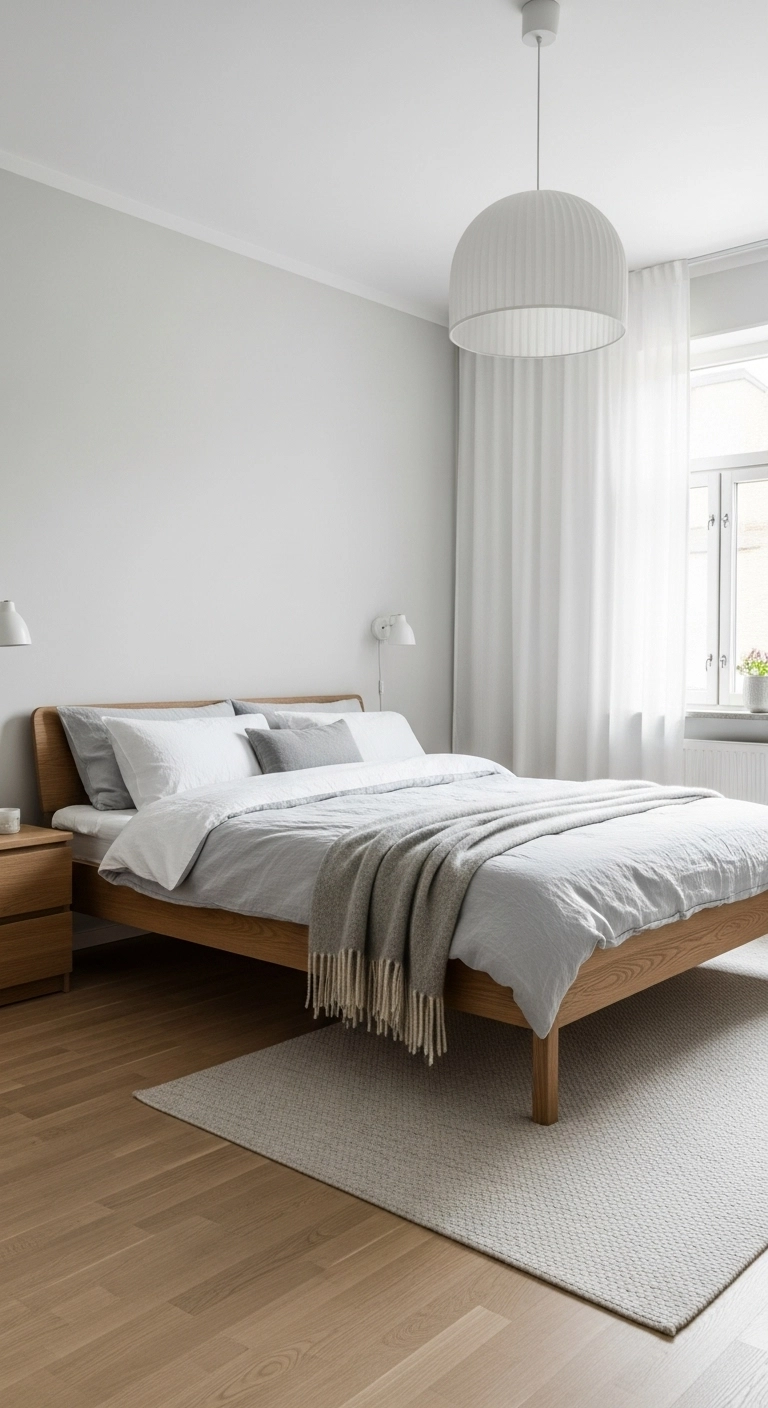 Scandinavian bedroom ideas featuring soft neutral tones, white walls, light wood flooring, and minimal furniture for a calm, modern space.