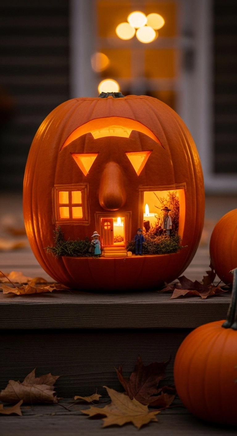 Carved scene pumpkin glowing with a tiny house design and mini figures showing creative crazy pumpkin carving design ideas.