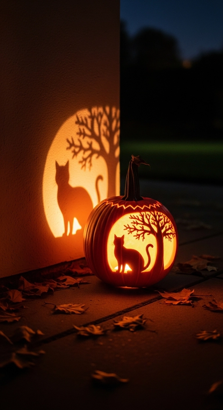 Glowing shadow pumpkin casting cat and tree shapes on a wall showing creative crazy pumpkin carving design ideas.
