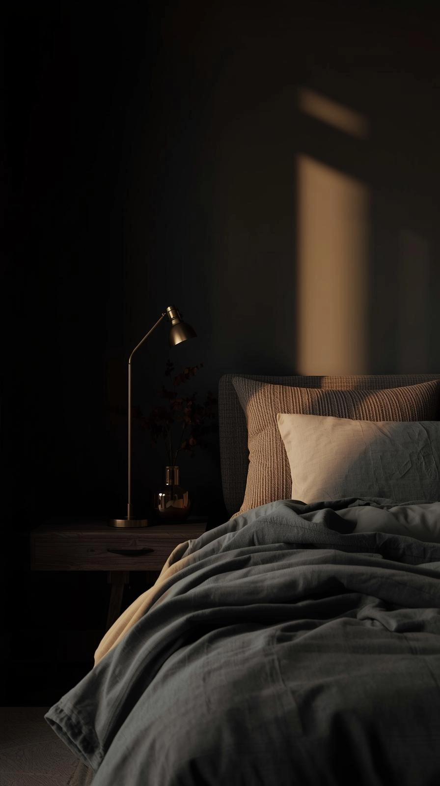 Cozy moody bedroom ideas using shadows and reflections for depth and balance in a calm, stylish space.