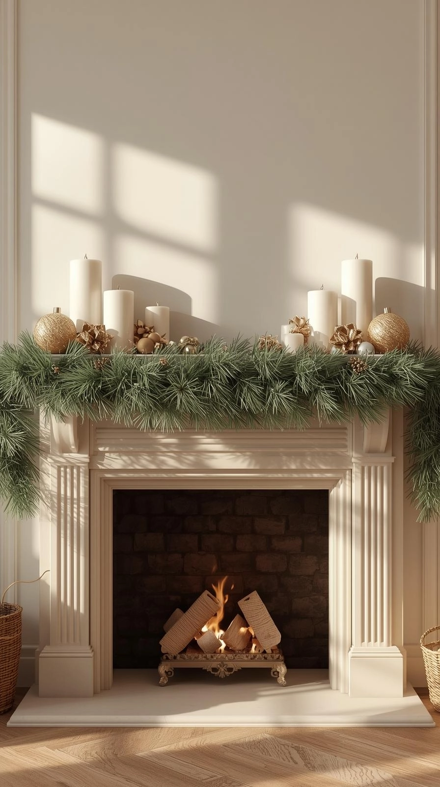 Christmas mantel decorated with a simple color palette of greens, whites, and golds, showing calm and cohesive Christmas mantel ideas.