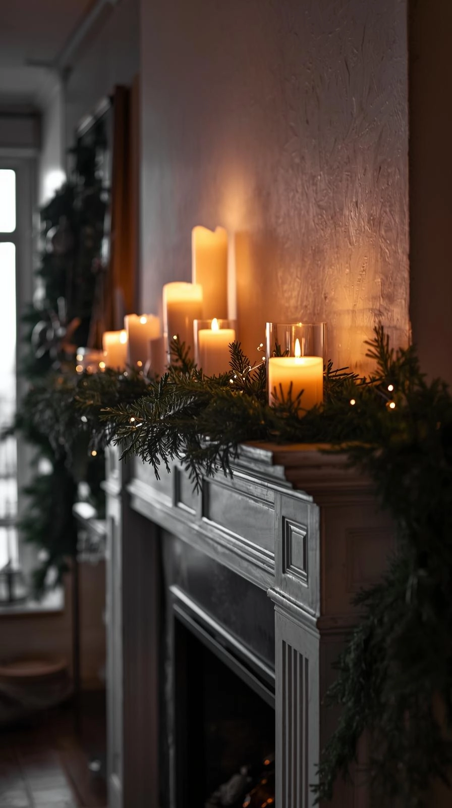 Cozy Christmas mantel with glowing candles and greenery showcasing warm and inviting Christmas mantel ideas.