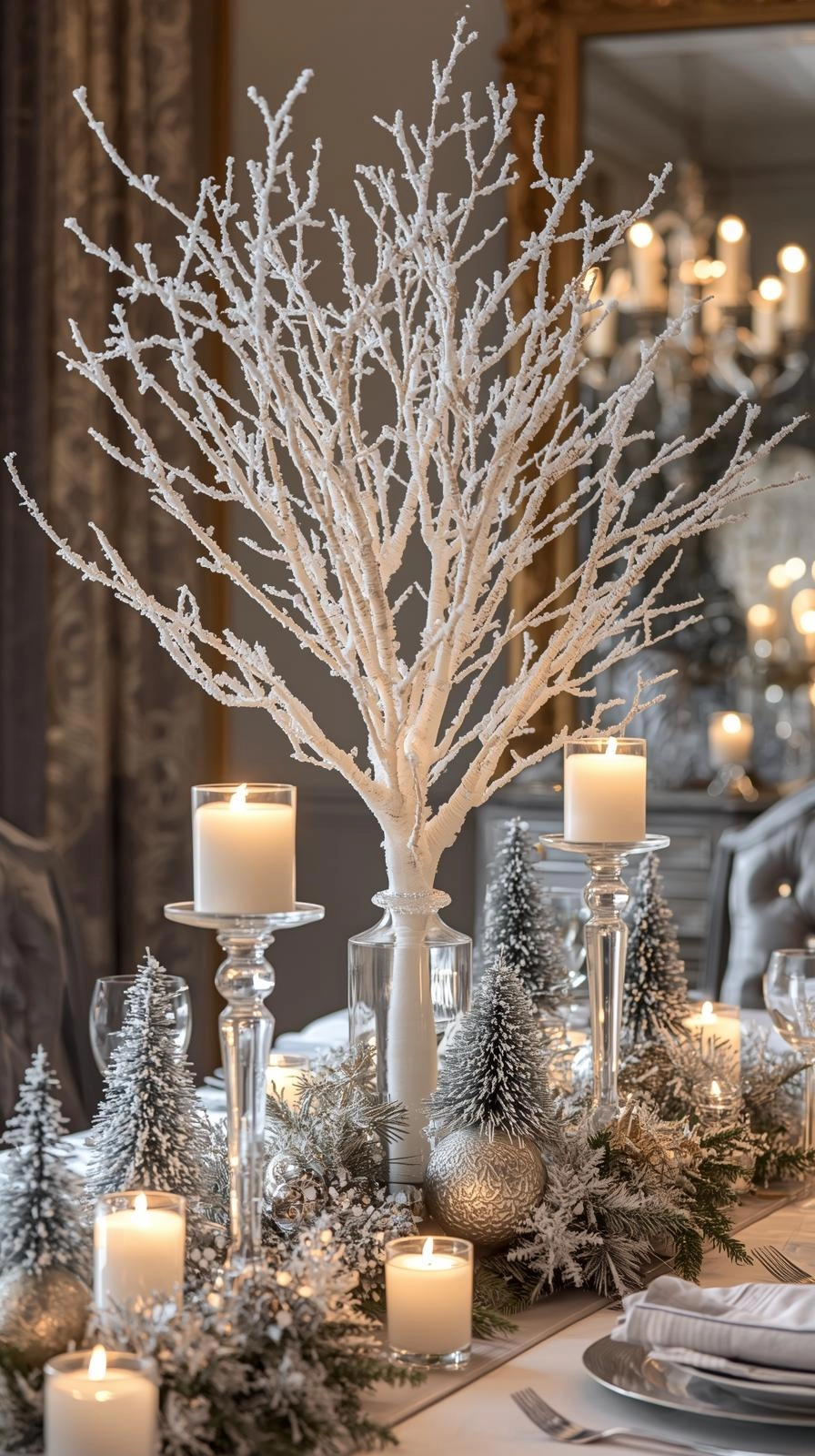 Sparkling winter wonderland Christmas table centerpiece with silver accents, glass candles, and white frosted branches.