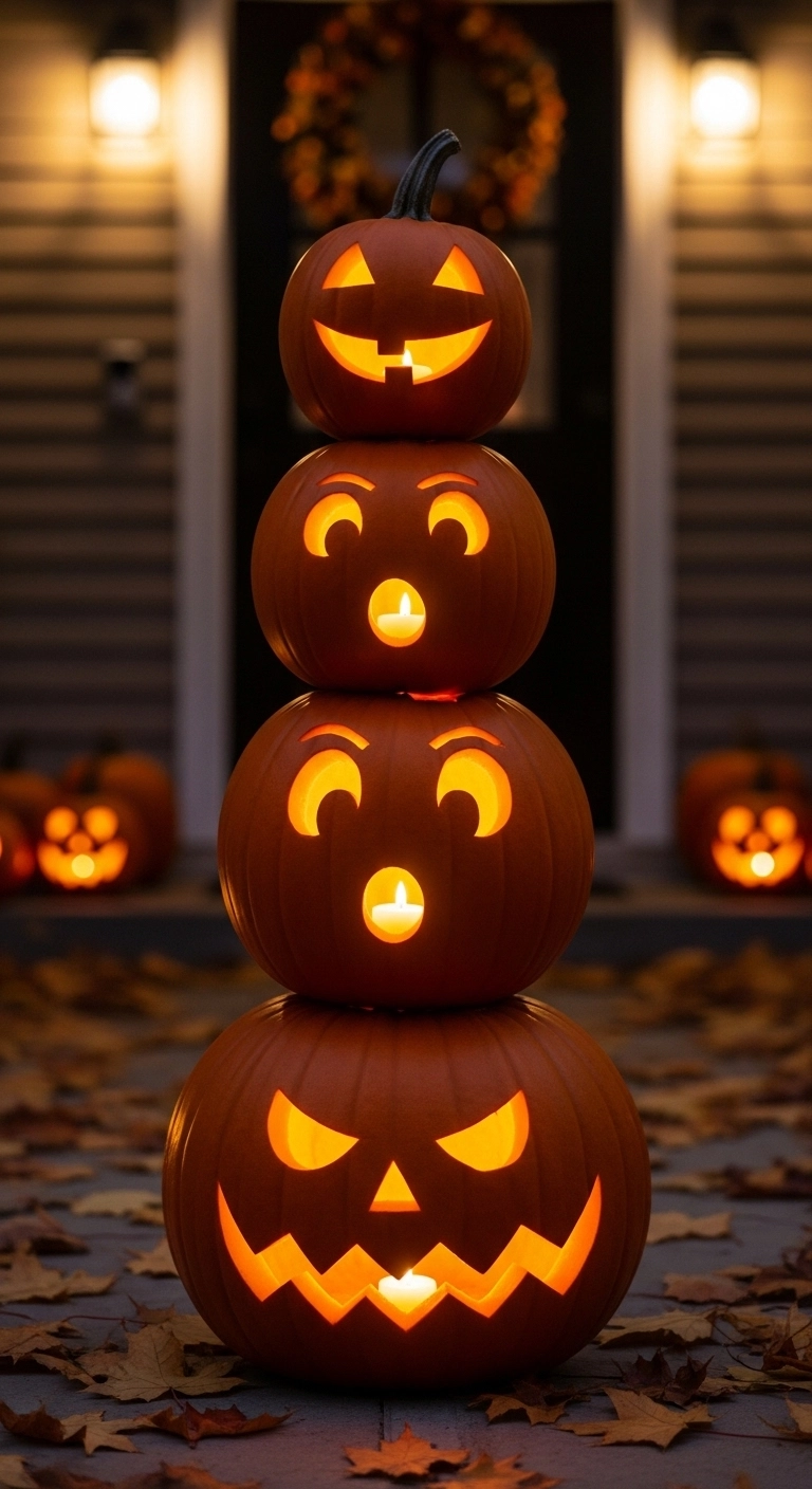 Stacked pumpkin tower with different carved faces glowing on a porch showing crazy pumpkin carving design ideas.