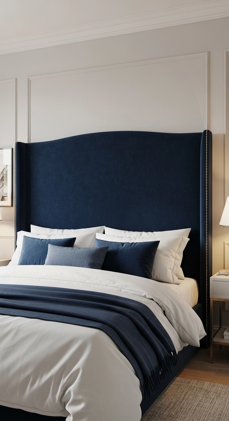 A modern bedroom featuring statement headboard ideas with a tall navy upholstered design and white bedding.