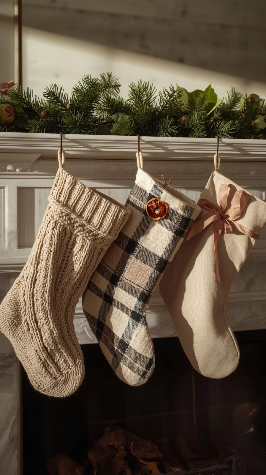 Cozy Christmas mantel with hanging stockings in knit, plaid, and neutral fabrics, showing warm and personal Christmas mantel ideas.