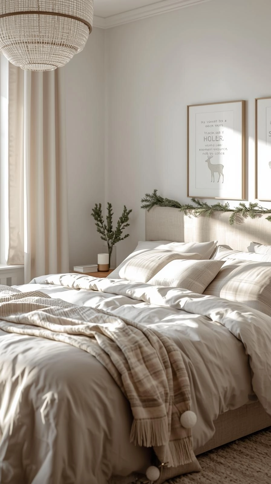 Christmas bedroom decor with framed winter art prints and cozy bedding creating a simple and elegant holiday look.