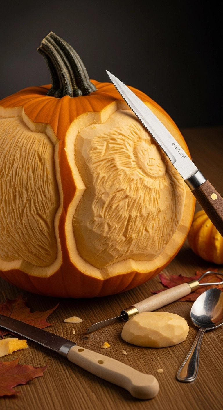 Pumpkin carved with textured patterns for depth, using scraping and chiseling techniques for creative jack o lantern ideas.