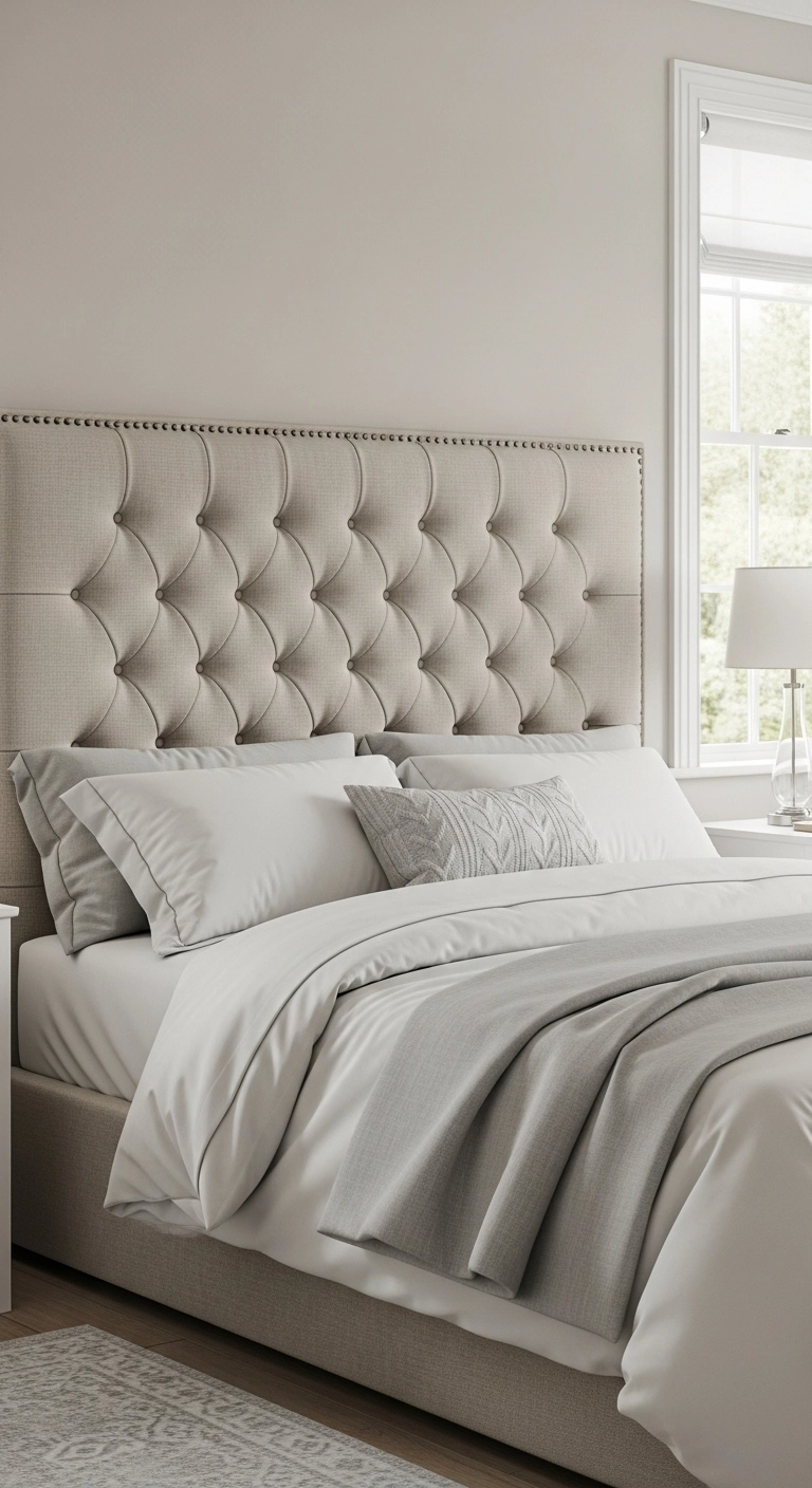 A modern bedroom showcasing tufted headboard ideas with a soft beige linen design and neutral bedding.