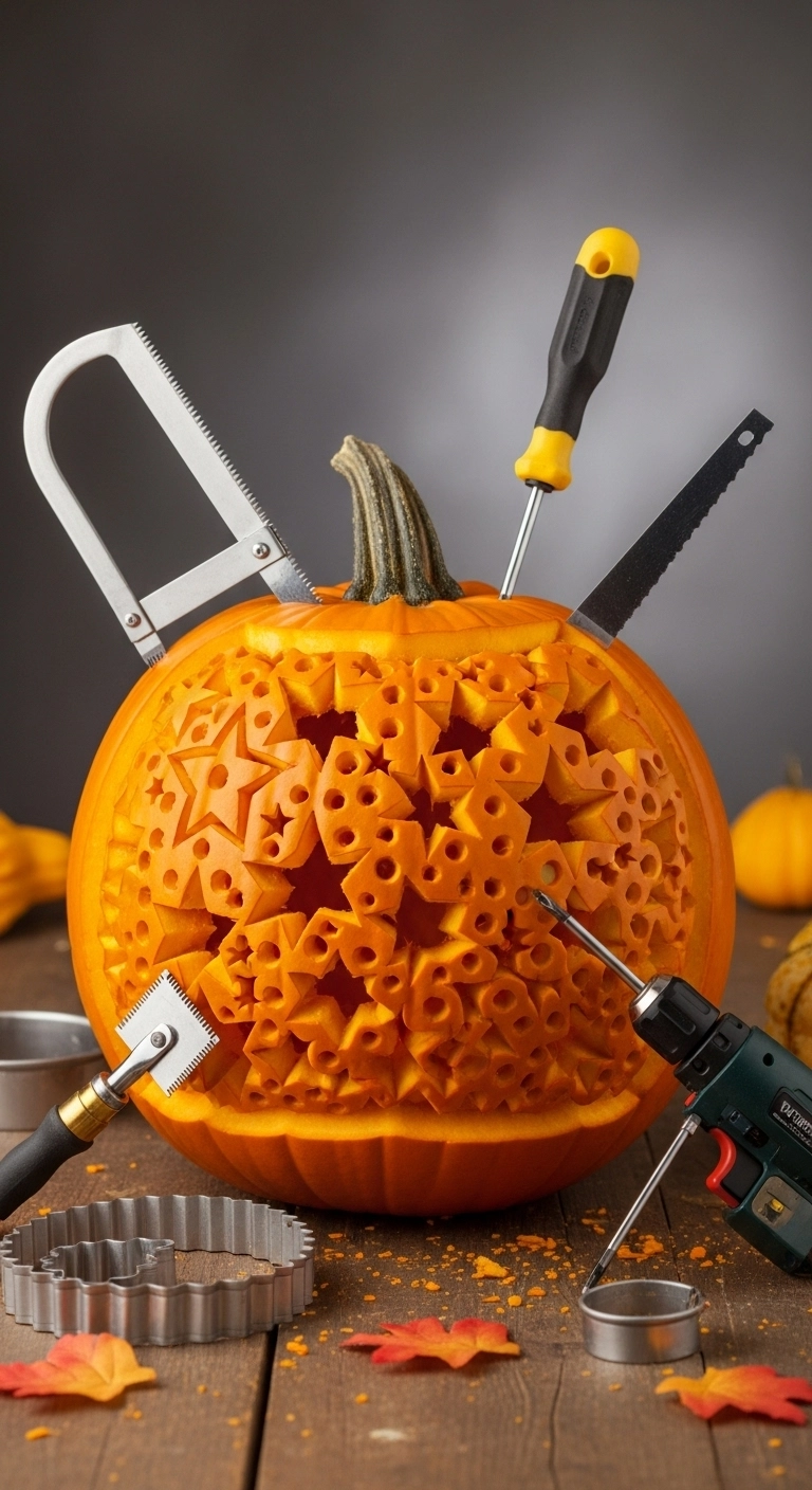 A pumpkin carved with detailed patterns using unconventional tools, showing unique and creative jack o lantern ideas.