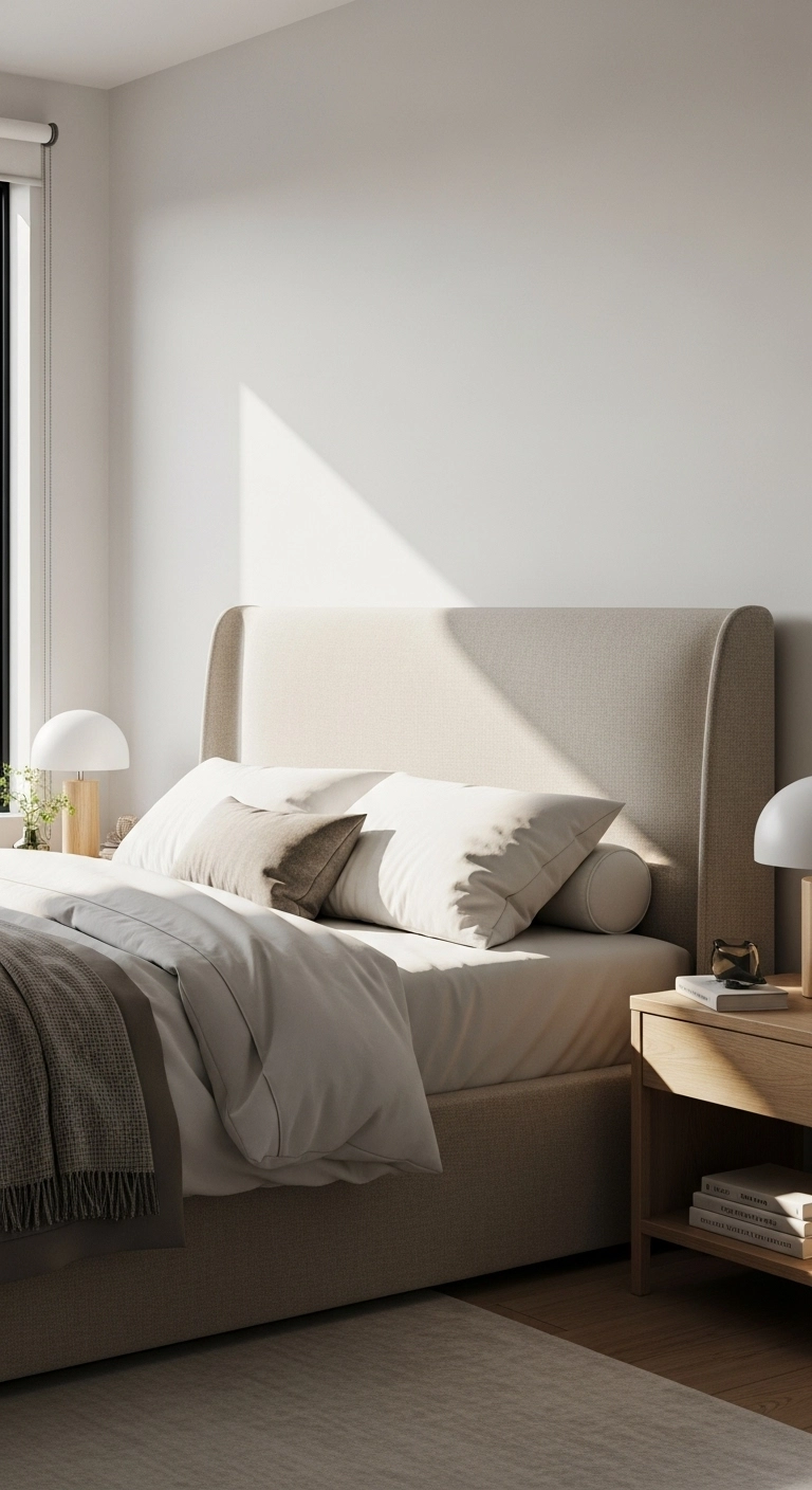 A modern bedroom showcasing upholstered headboard ideas with a soft beige fabric and cozy neutral bedding.