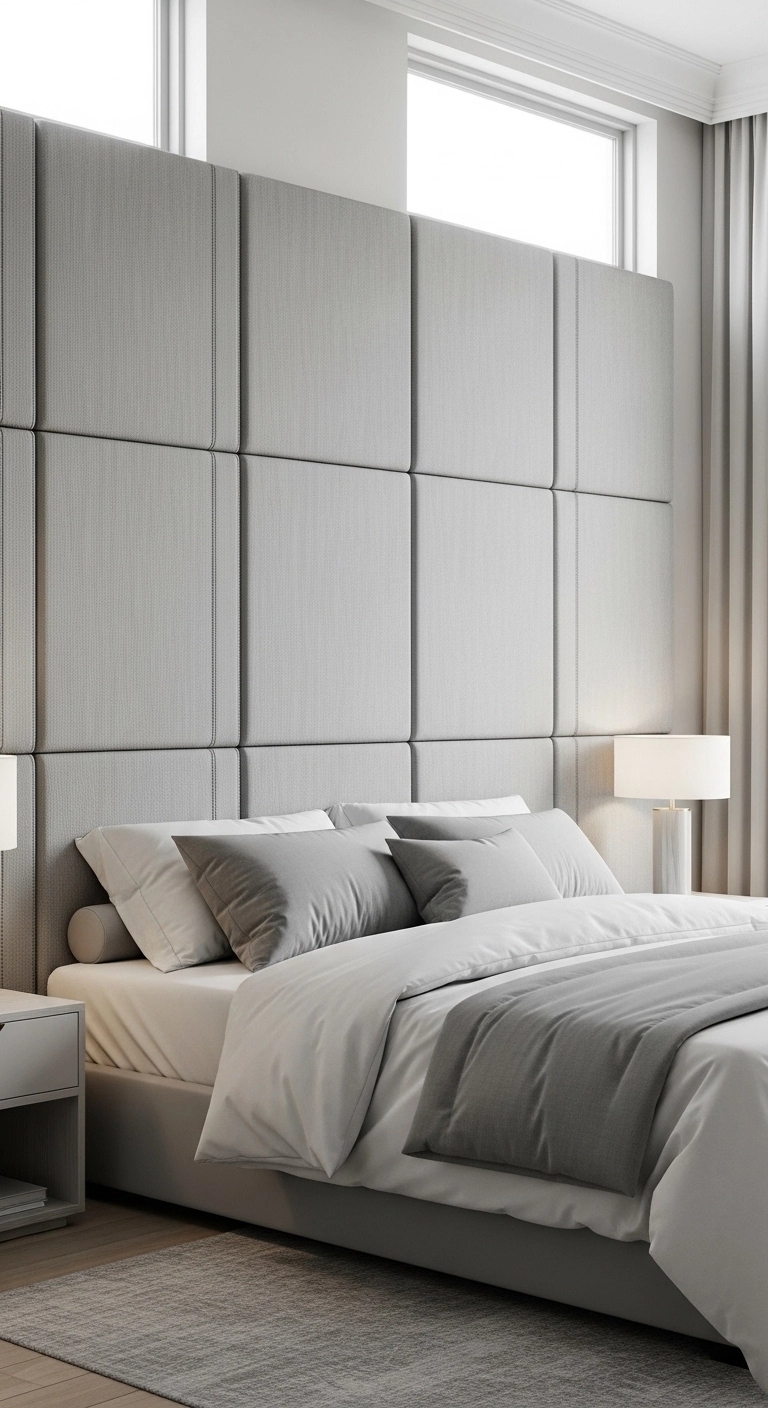 A modern bedroom with upholstered wall panel headboard ideas in light gray fabric and white bedding for a luxe finish.