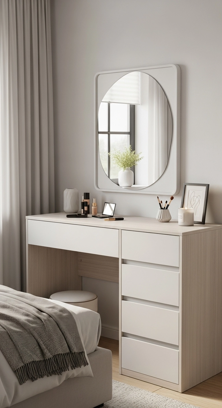 Modern vanity hidden in a dresser setup for small bedrooms with wall mirror and light wood finish for a clean, space-saving look.