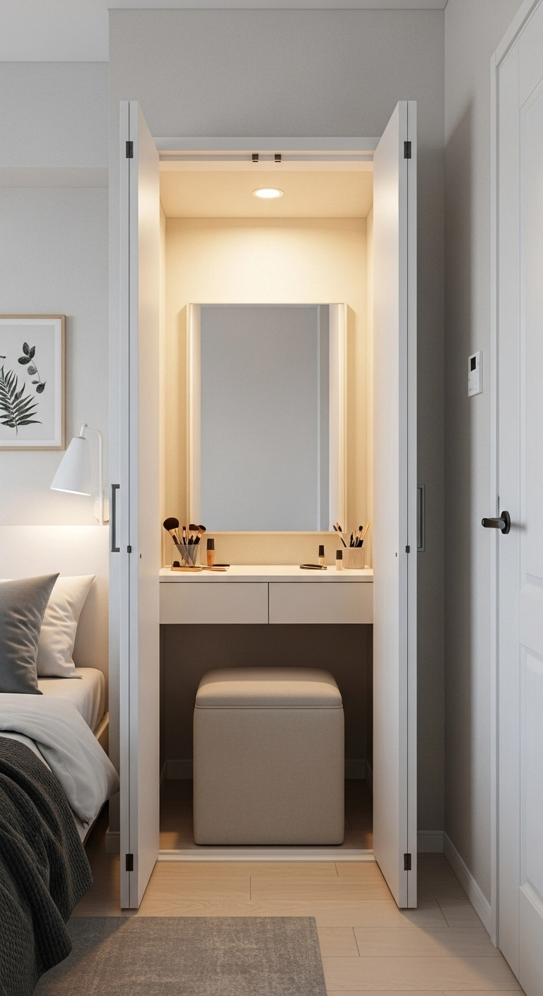 Vanity inside closet for small bedrooms with compact desk, mirror, and stool for a neat, space-saving setup.