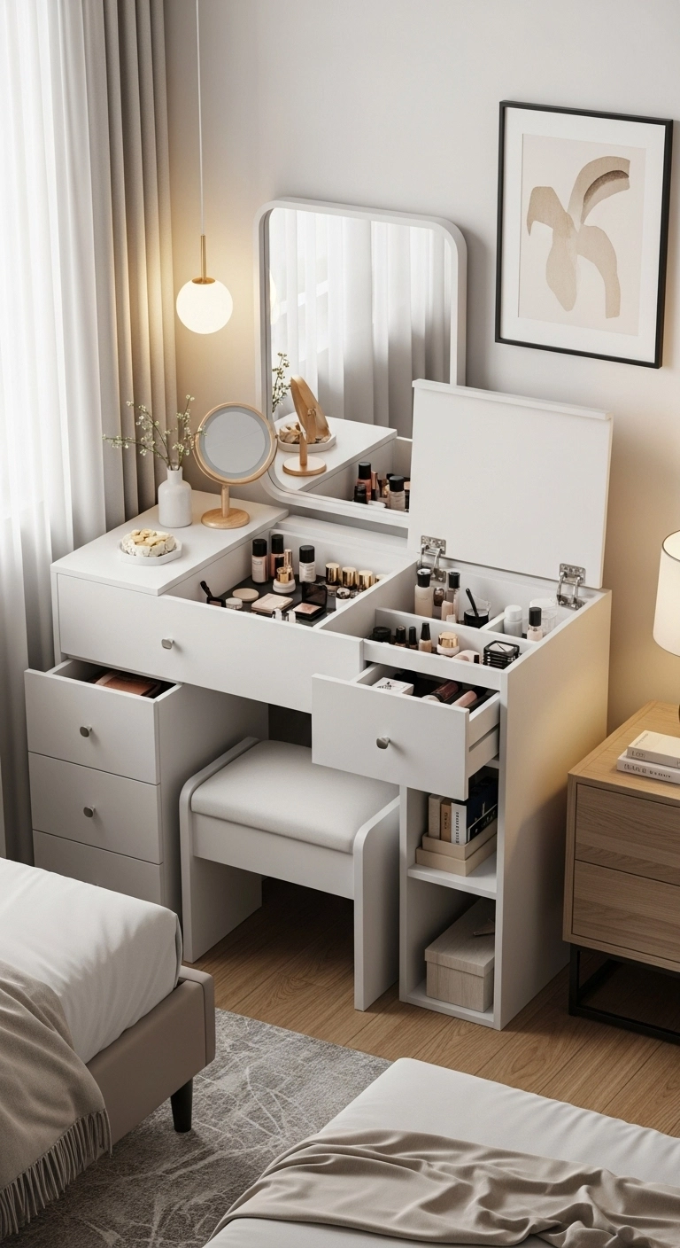 Vanity with hidden storage compartments for small bedrooms, clean surface, organized drawers, and modern compact design.
