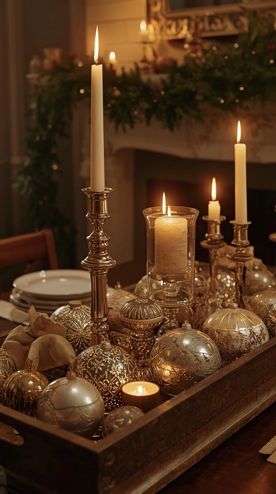 Vintage Christmas table centerpiece with old ornaments, brass candlesticks, and mercury glass candle holders on a rustic wooden tray.