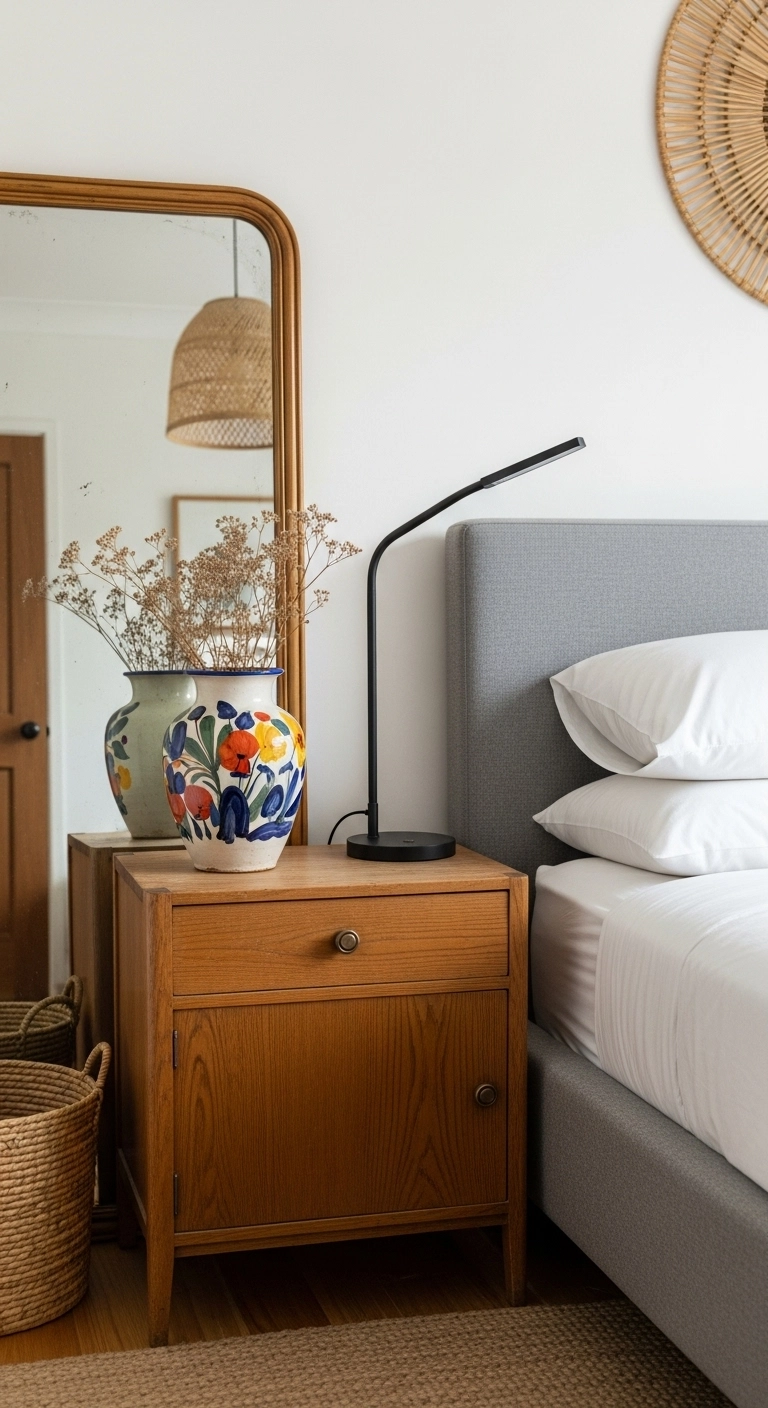 Boho coastal bedroom mixing vintage furniture and modern decor for a timeless, relaxed design.