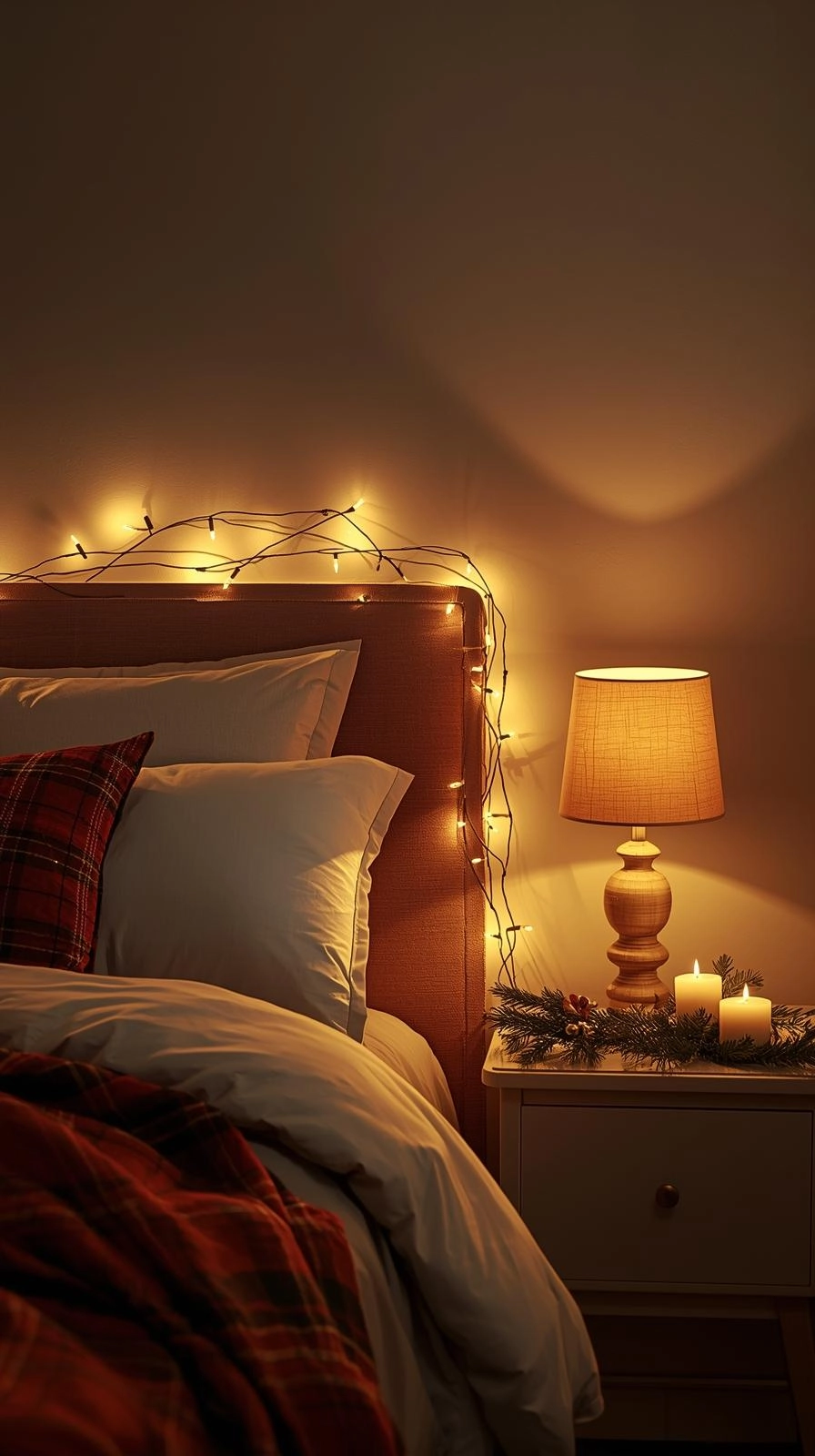 Christmas bedroom decor with warm fairy lights, candles, and a soft golden glow creating a cozy, peaceful holiday atmosphere.