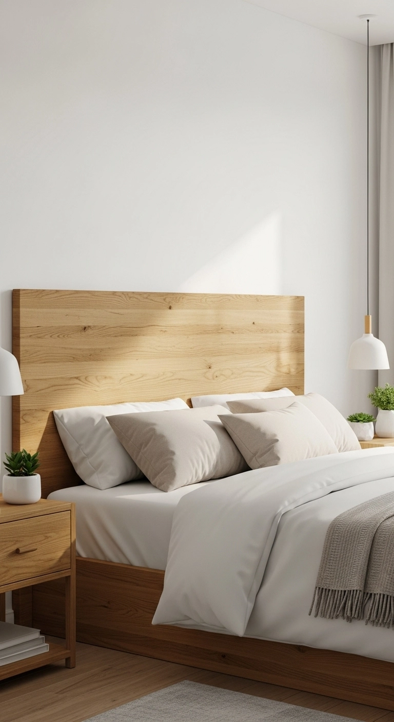 A modern bedroom showcasing wooden headboard ideas with a smooth oak finish and natural warm tones.