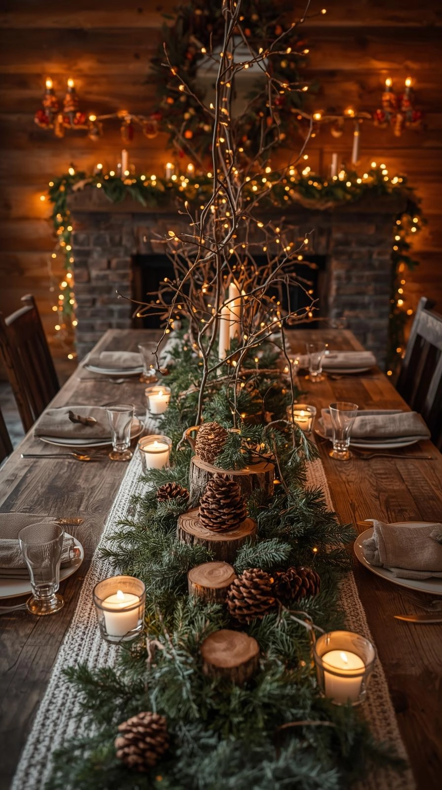 Nature-inspired woodland Christmas table centerpiece with moss, pinecones, twigs, and candles on a rustic dining table.